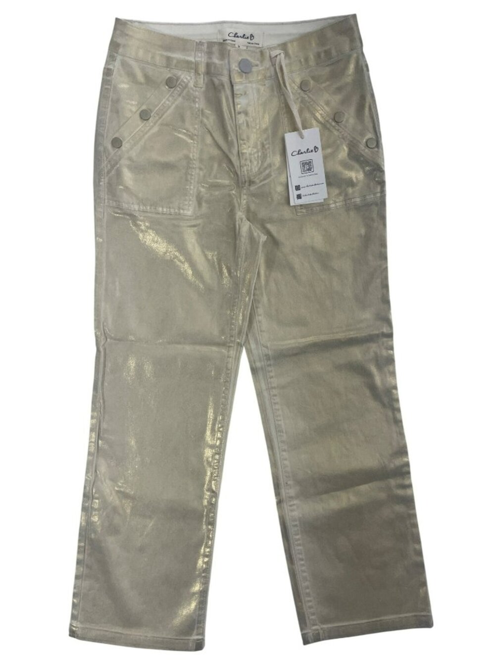 Charlie B Metallic Gold Straight-Leg Stretch Jeans Regular Rise Wmn's Sz 2 NWT
